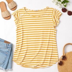 Green Envelope Striped Flutter Sleeve Top Women XL Yellow French Style Preppy